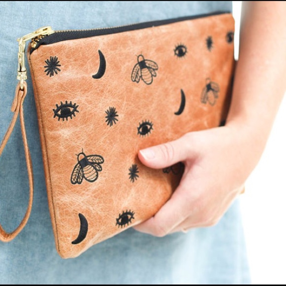 ZANA leather embroidered clutch wristlet